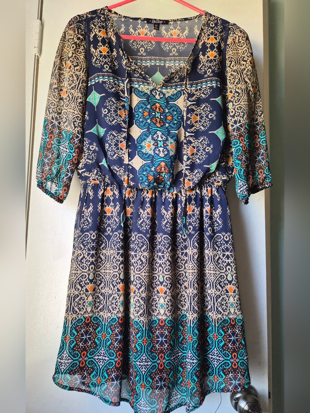 Boho Style Navy Shirt Dress With Tie Accent